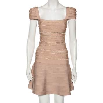 Pre Owned Herve Leger Blush Pink Spandex Bead Embellished Cap Sleeve Top & Cecilia Skirt Set S