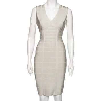 Pre Owned Herve Leger Light Grey Bandage Sleeveless Bodycon Dress M