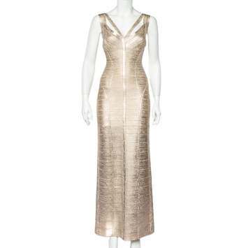 Pre Owned Herve Leger Beige Brushed Effect Sleeveless Alenis Bandage Gown M