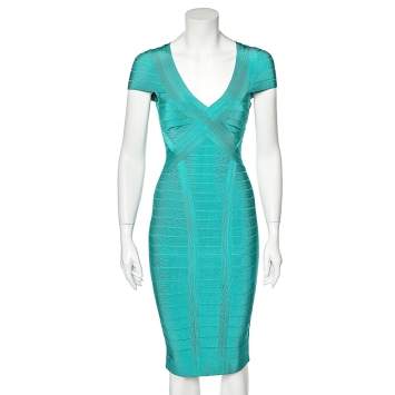 Pre Owned Herve Leger Blue Bandage Cap Sleeve Bodycon Dress S