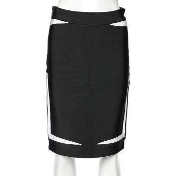 Pre Owned Herve Leger Black Knit Contrast Detail Pencil Skirt M