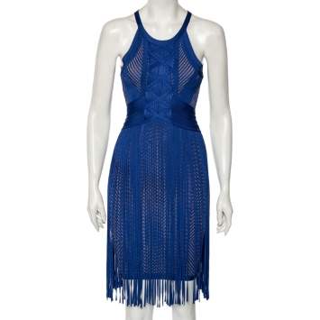 Pre Owned Herve Leger Blue Plaited Chevron Knit Fringed Mahala Bodycon Dress XS