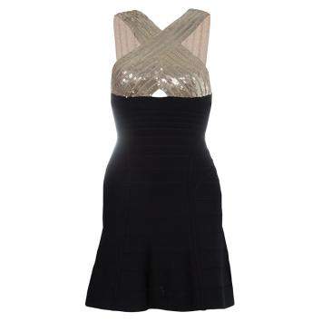 Pre Owned Herve Leger Black Crossover Sequin Embellished Bandage Dress XS