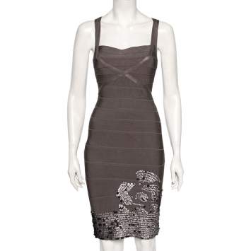 Pre Owned Herve Leger Grey Cross Back PU Sequin Embellished Bandage Dress S