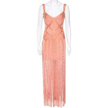 Pre Owned Herve Leger Peach Embellished Bandage Fringed Vitoria Bodycon Dress M