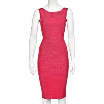 Pre Owned Herve Leger Pink Synthetic Ardell Bodycon Dress S