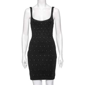 Pre Owned Herve Leger Black Lurex Knit Embellished Fitted Dress S 