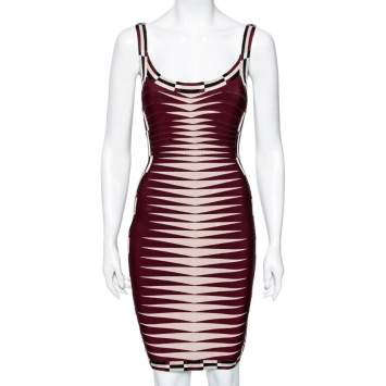 Pre Owned Herve Leger Maroon & Cream Patterned Stretch Knit Karlie Short Dress XS