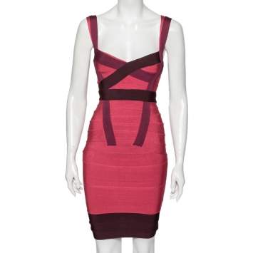 Pre Owned Herve Leger Pink Knit Tonal Panel Detail Double Strap Bandage Dress XXS