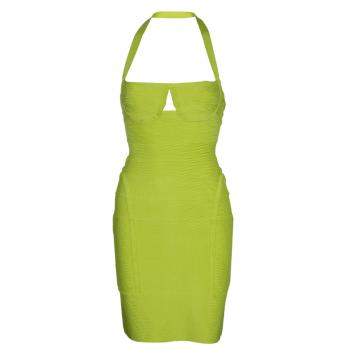 Pre Owned Herve Leger Neon Green Knit Halter Bandage Dress S