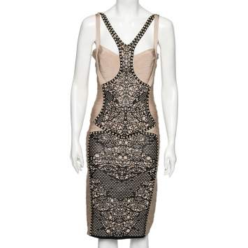 Pre Owned Herve Leger Light Beige Bandage Laser Cut Detailed Bodycon Dress M