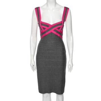 Pre Owned Herve Leger Grey and Pink Bandage Sleeveless Bodycon Dress M