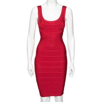 Pre Owned Herve Leger Red Bandage Bodycon Midi Dress XS