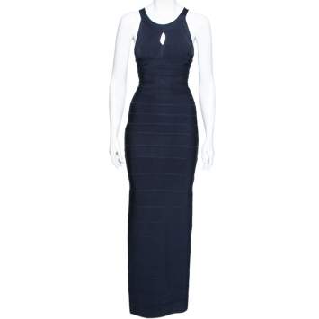 Pre Owned Herve Leger Navy Blue Bandage Bodycon Halter Neck Maxi Dress XS