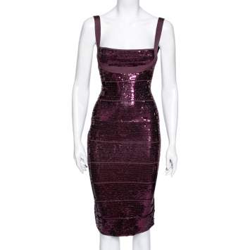 Pre Owned Herve Leger Purple Sequin Embellished Bandage Sleeveless Bodycon Dress S