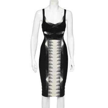 Pre Owned Herve Leger Monochrome Crystal Embellished Stretch Knit Bodycon Dress S