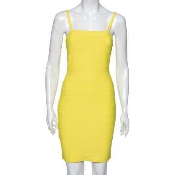 Pre Owned Herve Leger Yellow Bandage Convertible Strap Bodycon Dress M