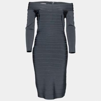 Pre Owned Herve Leger Grey Knit Off Shoulder Candice Bandage Dress M
