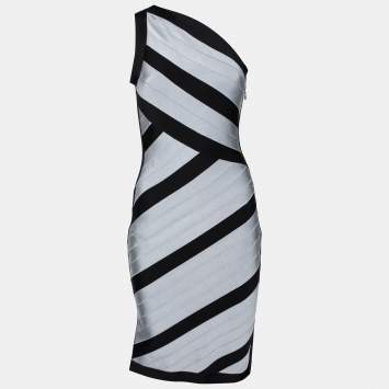Pre Owned Herve Leger Black & Grey Bandage One Shoulder Bodycon Dress M