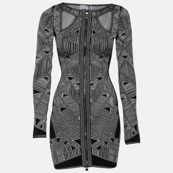 Pre Owned Herve Leger Monochrome Jacquard Knit Axelle Bodycon Dress XS
