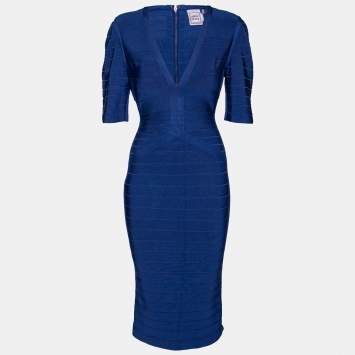 Pre Owned Herve Leger Royal Blue Bandage Bodycon Dress M