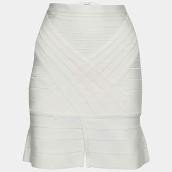 Pre Owned Herve Leger Ivory Bandage Flared Hem Detail Skirt XS