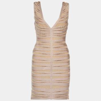 Pre Owned Herve Leger Pale Pink Embellished Eliza Bodycon Dress M