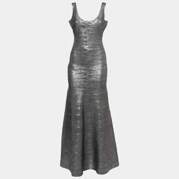 Pre Owned Herve Leger Metallic Grey Bandage Flared Maxi Dress M