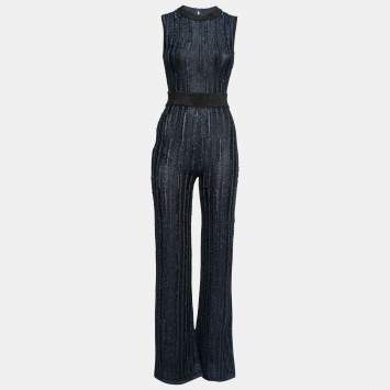 Pre Owned Herve Leger Metallic Blue & Black Stretch Knit Frayed Ribbed Detail Jumpsuit M