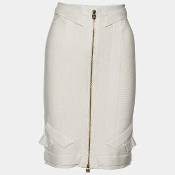 Pre Owned Herve Leger Alabaster Knit Origami Fold Detail Maddison Zip Front Skirt S