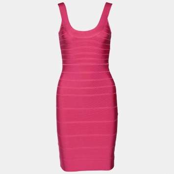 Pre Owned Herve Leger Pink Knit Mini Bandage Dress XXS