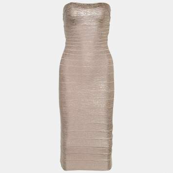 Pre Owned Herve Leger Rose Gold Foil Print Knit Sianna Strapless Dress S