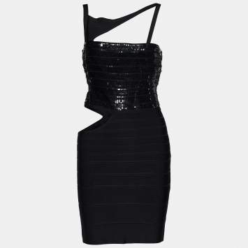 Pre Owned Herve Leger Black Knit Sequined Cut-Out Danna Bandage Dress S