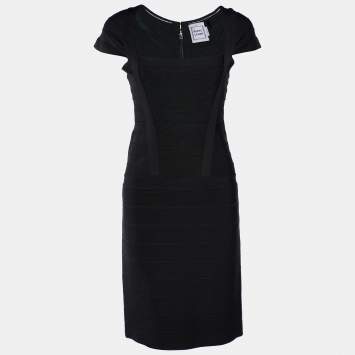 Pre Owned Herve Leger Black Cap Sleeve Bandage Mini Dress M