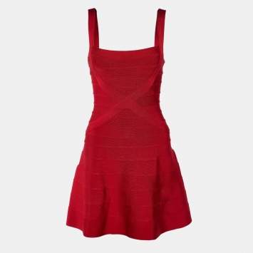 Pre Owned Herve Leger Red Faith Sleeveless Bandage Mini Dress XS