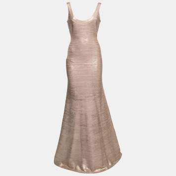 Pre Owned Herve Leger Light Pink & Gold Coated Bandage Ellen Maxi Dress M