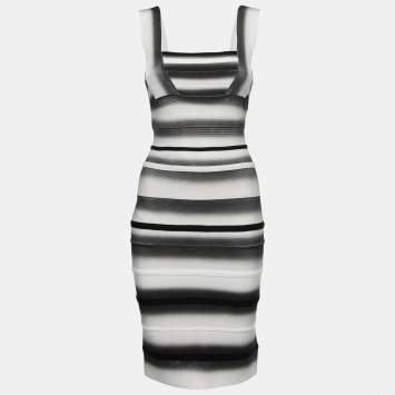 Pre Owned Herve Leger Black/White Bandage Knit Bodycon Dress S