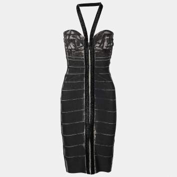 Pre Owned Herve Leger Black Beaded Halter Neck Mini Dress S