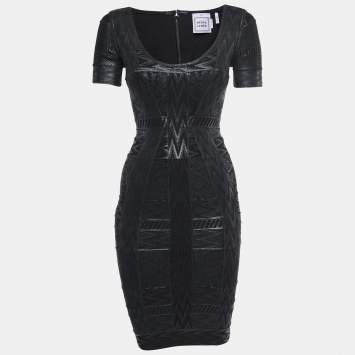 Pre Owned Herve Leger Black Patterned Knit Bodycon Short Dress XS