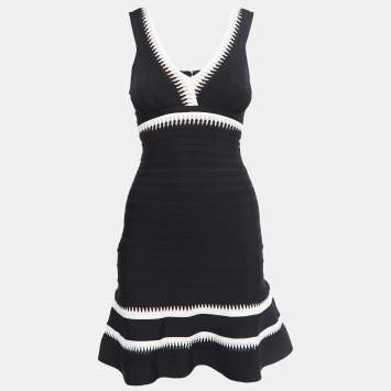 Pre Owned Herve Leger Black Knit Flared Sleeveless Bandage Dress XS