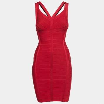 Pre Owned Herve Leger Red Bandage Knit Bodycon Mini Dress XS