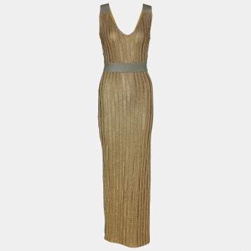 Pre Owned Herve Leger Gold Textured Lurex Knit Sleeveless Gown S