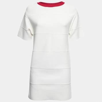 Pre Owned Herve Leger White Bandage Knit Crewneck Short Sleeve Mini Dress XS