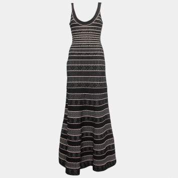Pre Owned Herve Leger Black Patterned Knit Sleeveless Fit & Flare Gown L