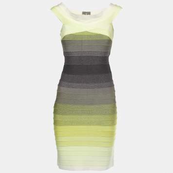 Pre Owned Herve Leger Green/Grey Knit Off-Shoulder Mini Dress M