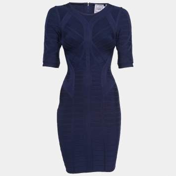 Pre Owned Herve Leger Navy Blue Knit Midi Dress XS