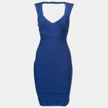 Pre Owned Herve Leger Blue Bandage Knit Amelia Bodycon Dress S