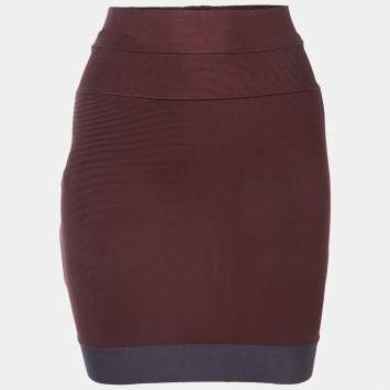 Pre Owned Herve Leger Burgundy/Blue Knit Mini Skirt XS