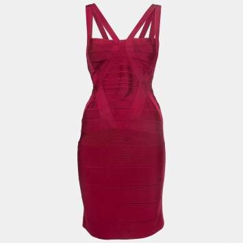 Pre Owned Herve Leger Burgundy Bandage Knit Bodycon Dress S