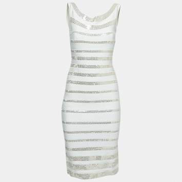 Pre Owned Herve Leger White Striped Sequin-Embellished Bodycon Dress M